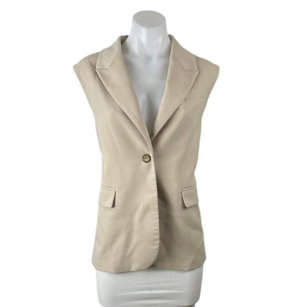 Mina Self Women's Beige Peak Lapel Sleeveless Vest Blazer Coat Jacket Size L
